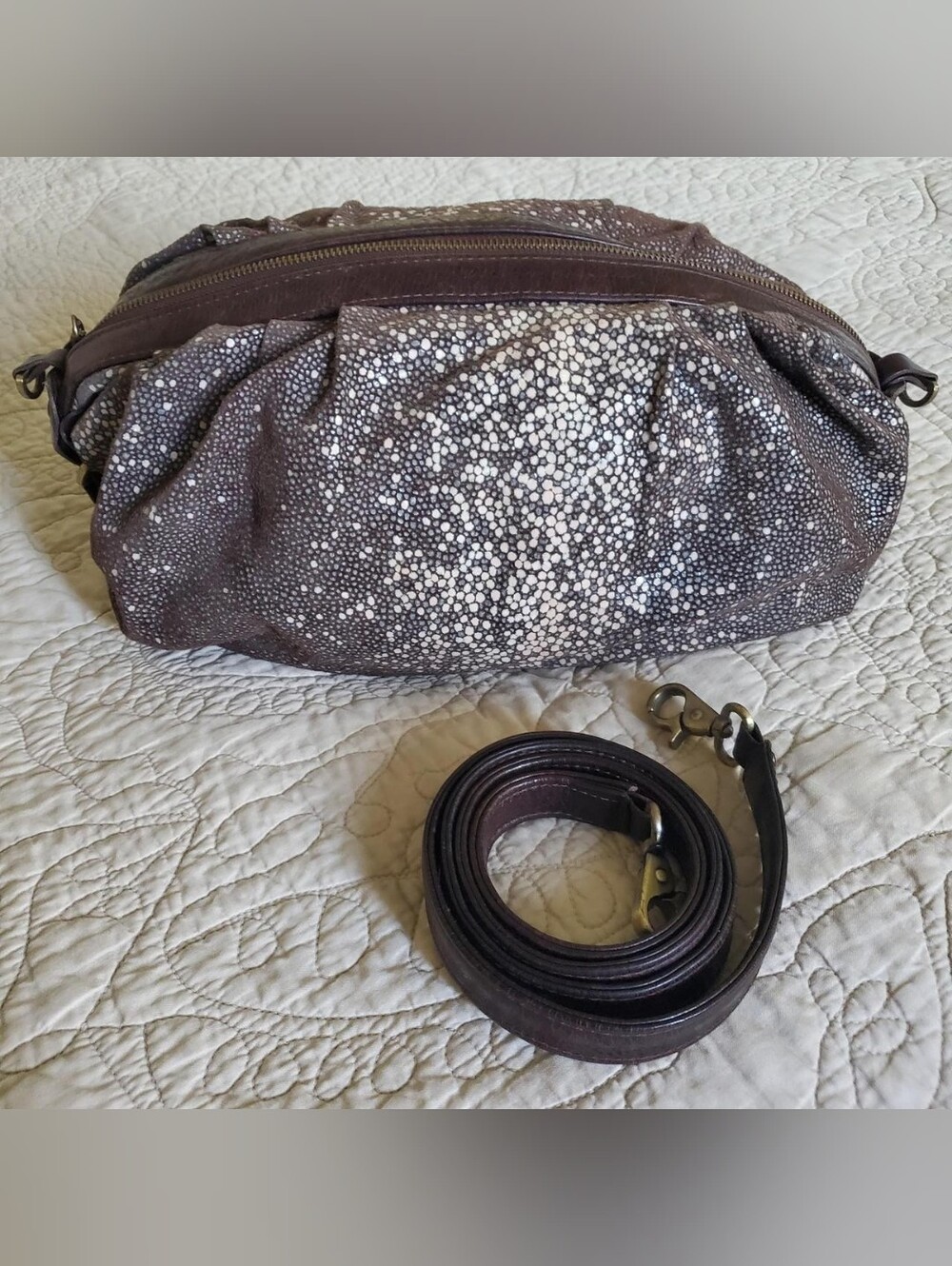 Bryna Nicole Brown Leather Pebble Stingray Boho Clutch Bag Damask Lining Y2K
